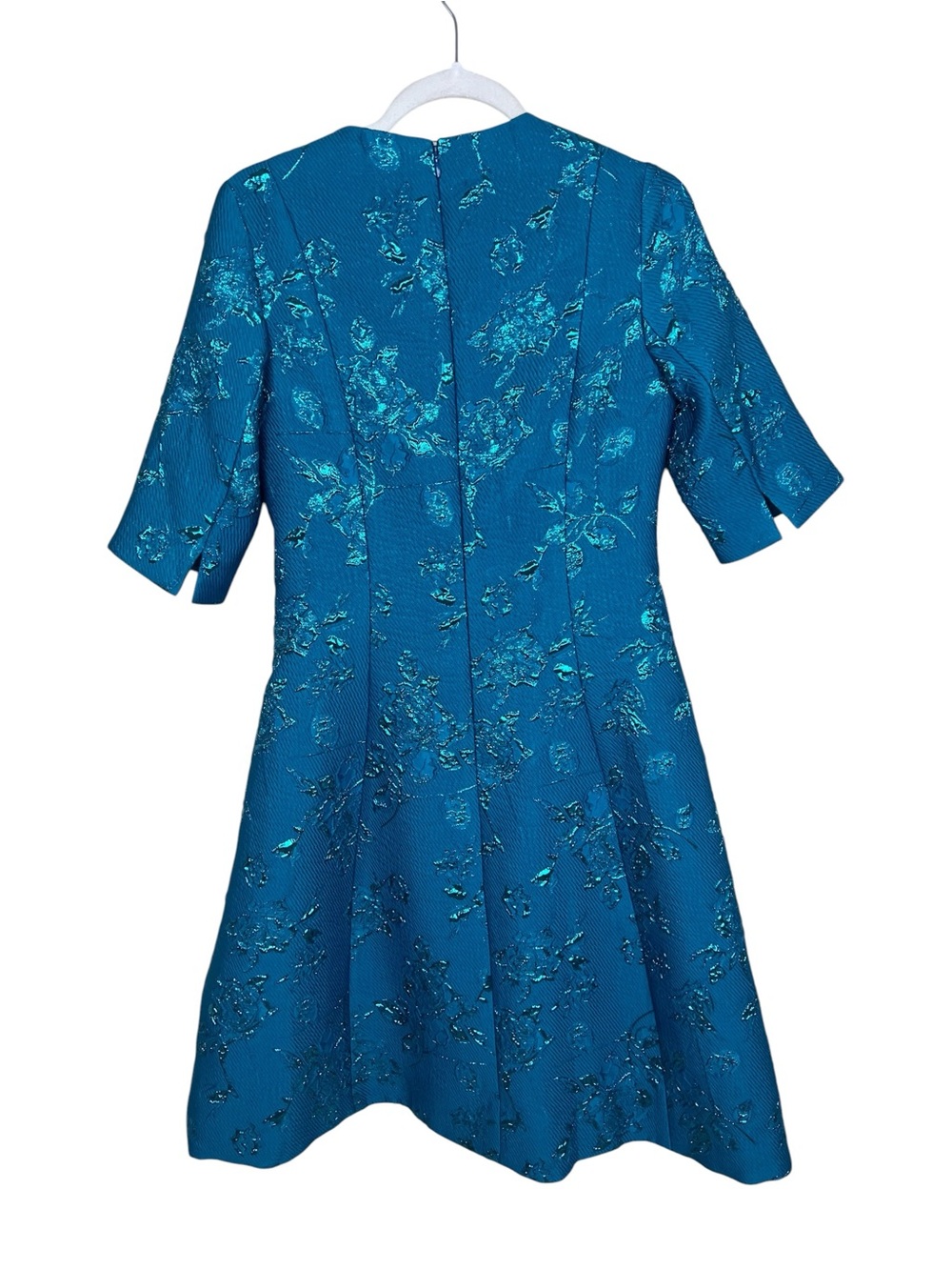 Rickie Freeman for Teri Jon Teal Pleated Floral Jacquard Midi Dress 2 - Picture 3 of 7